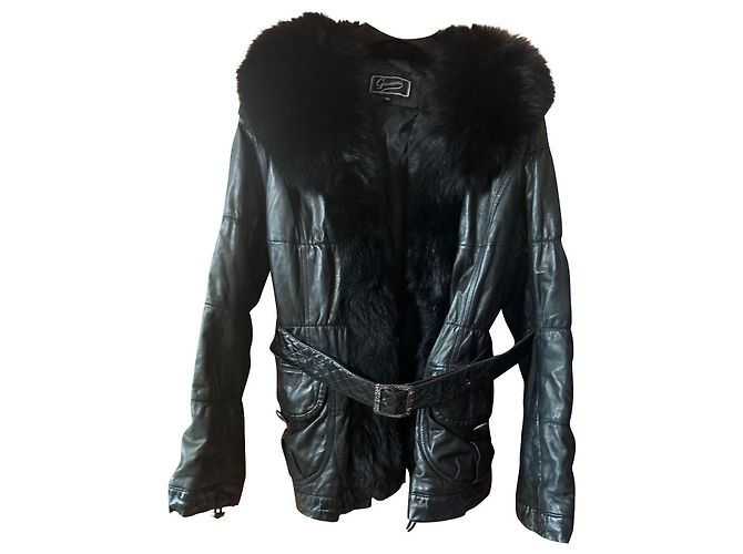 Autre Marque Chaqueta de piel de cordero negra con cuello de piel de zorro Negro