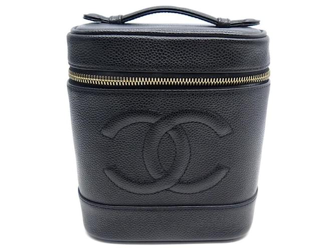 CHANEL LOGO CC VANITY POUCH IN BLACK CAVIAR LEATHER NEW BLACK TOILETRY POUCH  ref.736827
