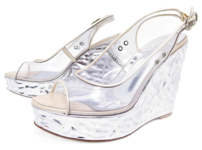 CHANEL G SHOES26744 Wedge sandals 38 SILVER LEATHER & PVC SHOES Silvery  ref.736877 - Joli Closet