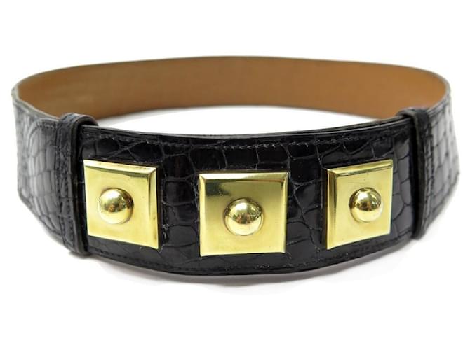 Hermès VINTAGE CEINTURE HERMES PIANO 72 CM EN CUIR CROCODILE NOIR CROCO LEATHER BELT Cuirs exotiques  ref.736956