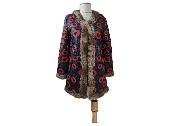 Abrigo Antik Batik Cicero de algodón y piel de conejo Multicolor