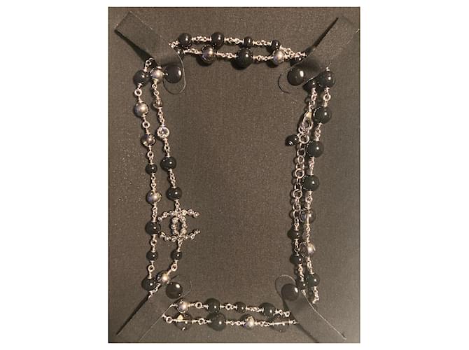 Cambon Chanel klassische lange Halskette Schwarz Silber Hardware Perle Glas  ref.737402