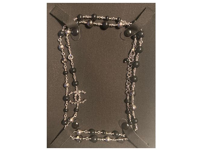 Cambon Collana lunga classica Chanel Nero Silver hardware Perla Vetro