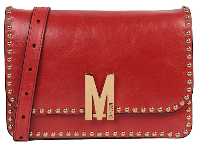 Moschino M Logo Studded Shoulder Bag Red Leather ref.740000 Joli