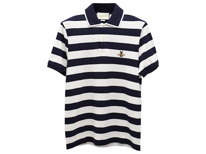 Gucci Bee Appliqué Striped Polo Shirt In Navy Blue Cotton  ref.740143