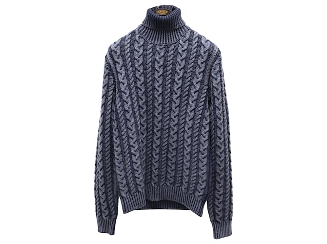 Tod's Cable-Knit Rollneck Sweater in Blue Grey Merino Wool  ref.740176