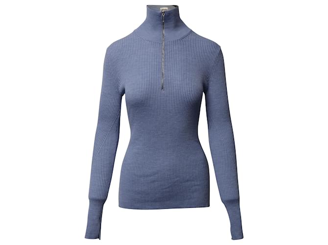 Ganni High Neck Zip Pullover aus blauer Merinowolle  ref.740256