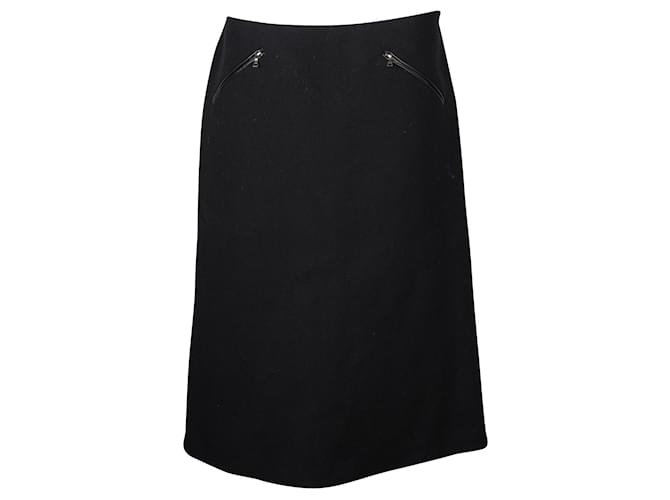 Prada Straight Midi Wool Skirt Trimmed in Leather Black  ref.740264