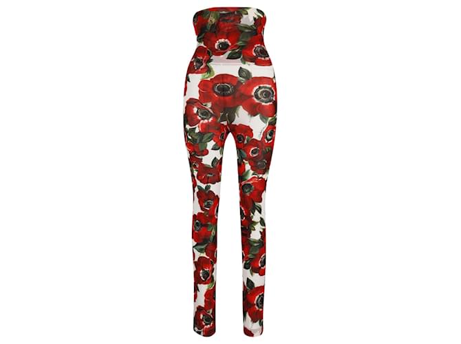 Dolce & Gabbana Legging Imprimé Floral en Polyamide Blanc Rouge  ref.740543