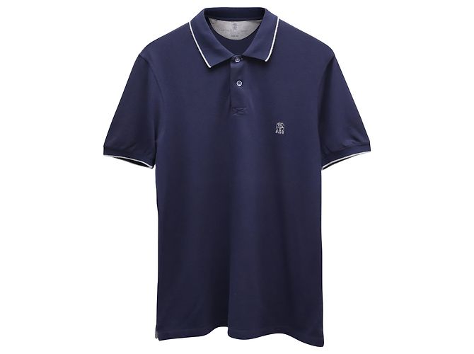 Polo de corte slim con logo y rayas en algodón azul marino de Brunello Cucinelli