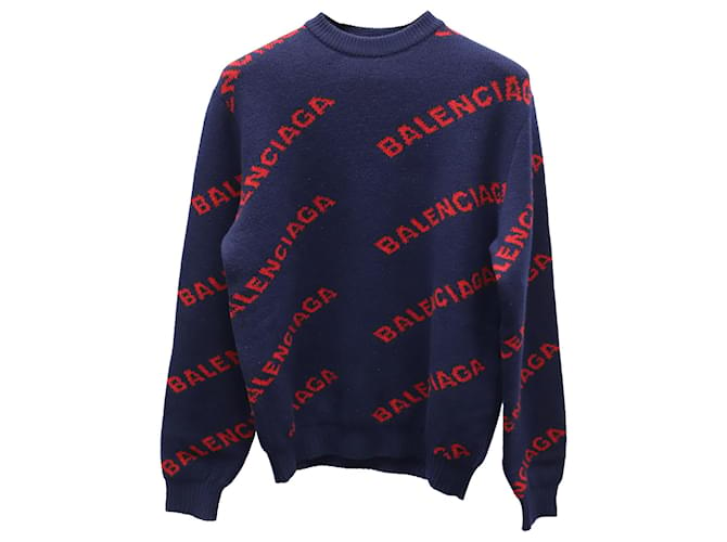 Balenciaga Logo All Over Sweater in Blue Print Wool  ref.740915
