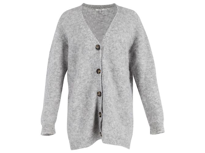 Ganni Langarm-Strickjacke aus grauem Mohair