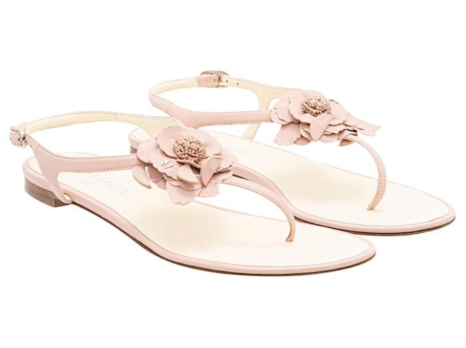 Chanel Leather Camellia CC Flat Sandals Pink  ref.741045