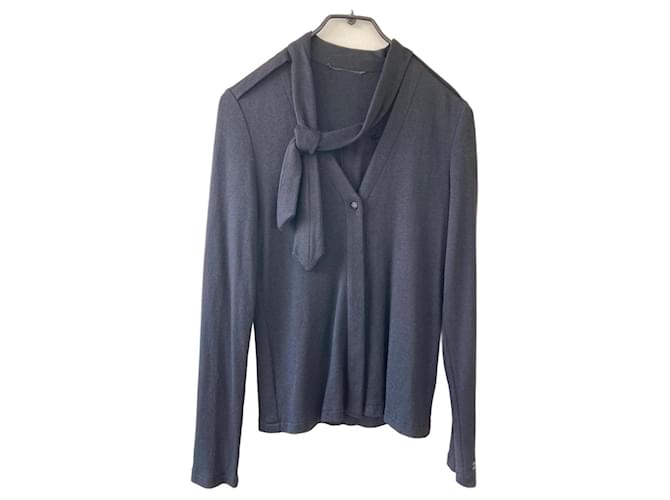 Chanel tie collar sweater cardigan in cashmere and silk Dark blue  ref.640204