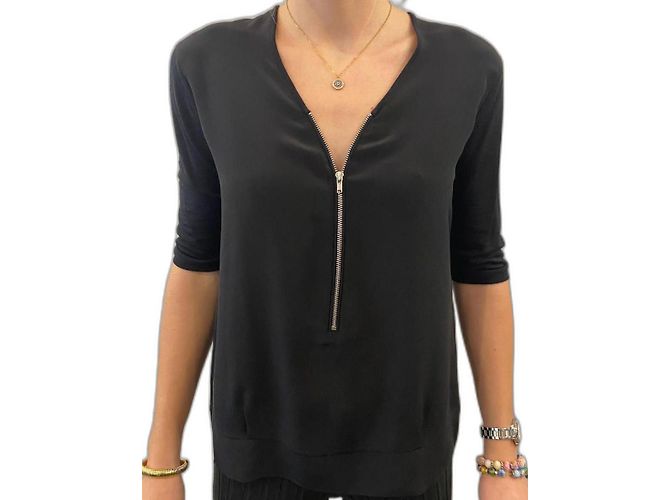 The Kooples Top in seta e viscosa nero maniche 3/4