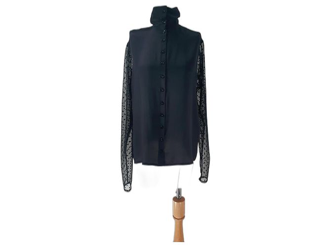Camicia Lemaire in seta nera a pois con maniche trasparenti Nero