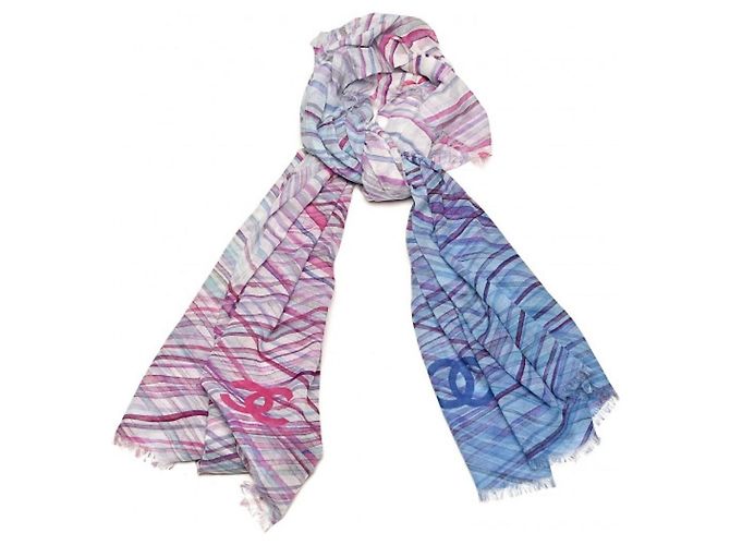 Bufanda Pareo Chanel CC a Rayas de Algodón y Cashmere Azul Multicolor Púrpura Azul claro
