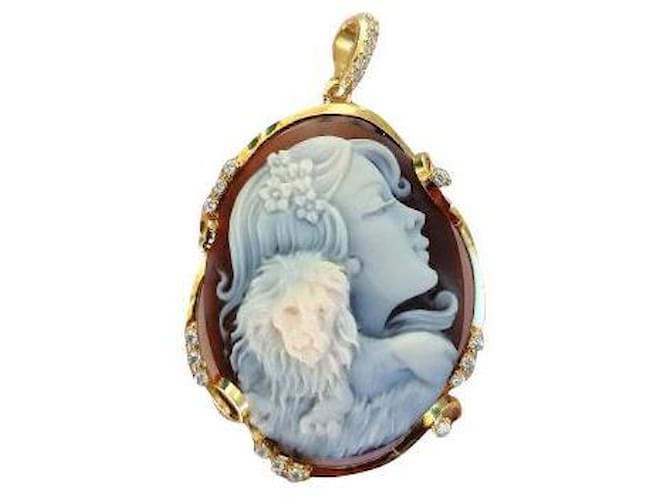 Autre Marque Original cameo Lion and Woman Brown White Silver Gold-plated  ref.742017