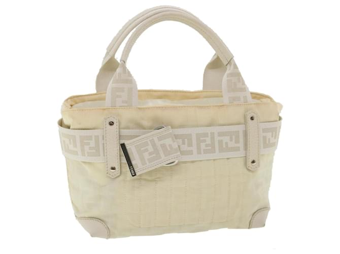 FENDI Zucca Canvas Hand Bag Nylon Leather White Auth rd3994  ref.742640
