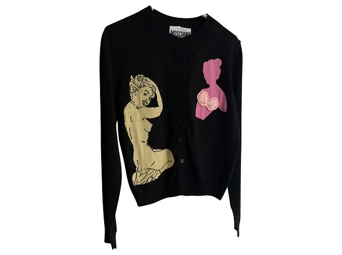 Moschino Pin-Up Strickjacke Schwarz Baumwolle Wolle Mehrfarben