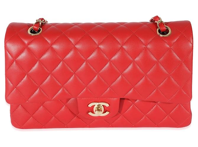Timeless Chanel Red Quilted Lambskin Medium Classic Flap Bag Leather  ref.744041