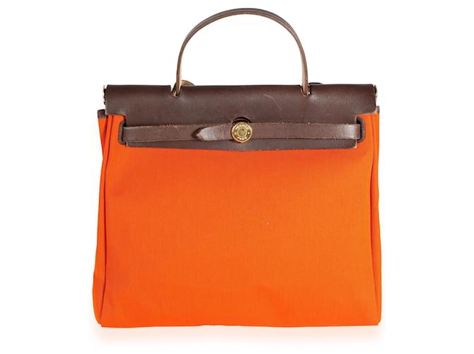 Hermès Hermes Toile arancione e rosso 2-nel-1 Herbag Con Pelle Ebene Vache Hunter  ref.744302