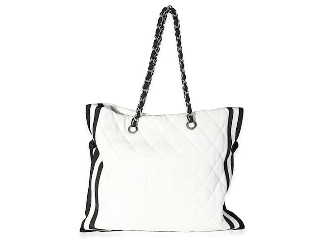 Chanel White Quilted Lambskin & Black Grosgrain Cc Drawstring Tote   ref.744327