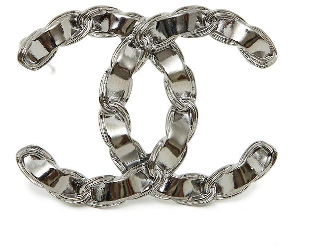 Broche Chanel CC Cinta de Metal Plateado Plata