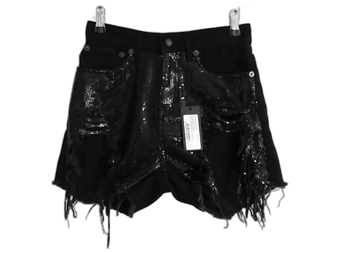 R13 Black Sequinned Shredded Slouch Shorts Cotton ref.745266