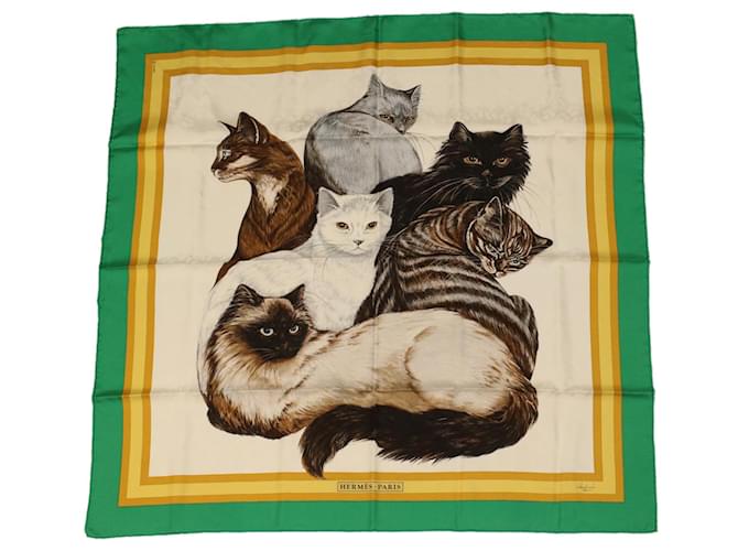 Hermès HERMES CARRE 90 Les Chats Scarf Green White yellow Auth am3480 Silk  ref.746268