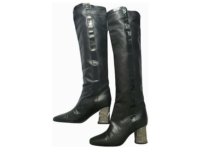 Chanel boot 34 haute couture Black Silvery Leather Metal  ref.747106