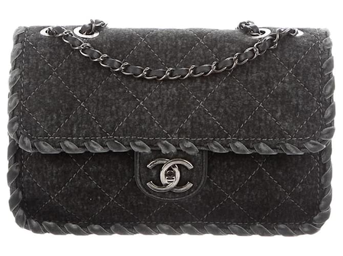 Chanel Grey Medium Fancy Felt Wool Whipstitch Timeless Classic Flap bag  with Antique Silver Hardware
