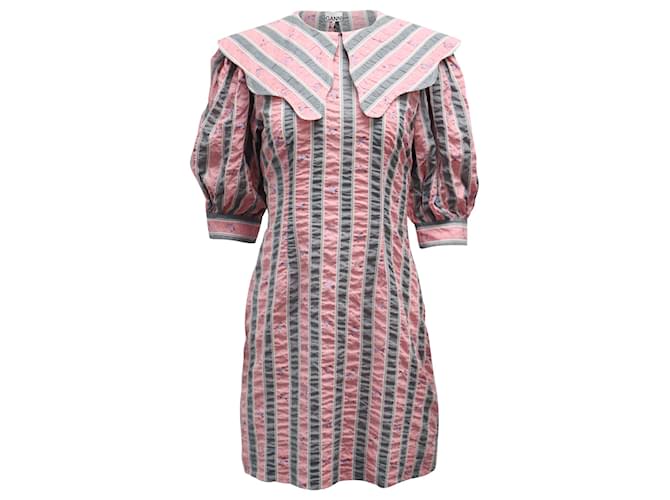 Ganni Gestreiftes Kleid mit übertriebenem Kragen aus rosa Bio-Baumwolle  ref.748980