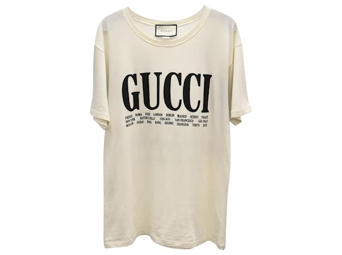 T-shirt con stampa logo Gucci Cities in cotone color crema Beige