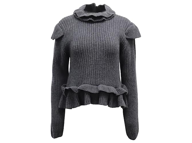 Ganni Cut-out Ruffled Ribbed Sweater in Grey Wool  ref.749089
