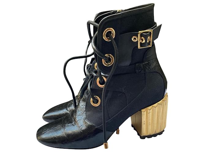 Sublime original Dior black and gold ankle boots Golden Gold hardware Leather Patent leather Cotton Metal  ref.749726
