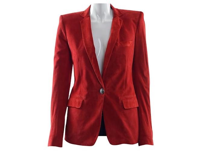 Balmain Suede Single Breasted Jacket in Red  ref.749961