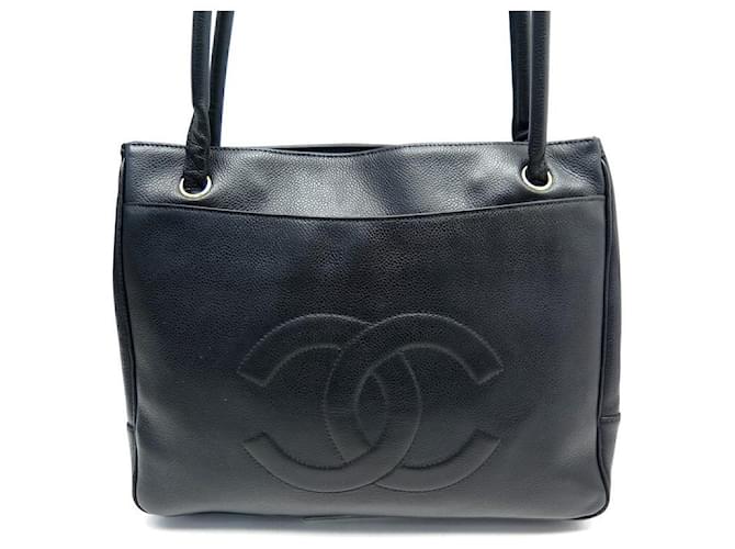 VINTAGE CHANEL CABAS SHOPPING LOGO CC IN CAVIAR LEATHER HAND BAG Black  ref.750263
