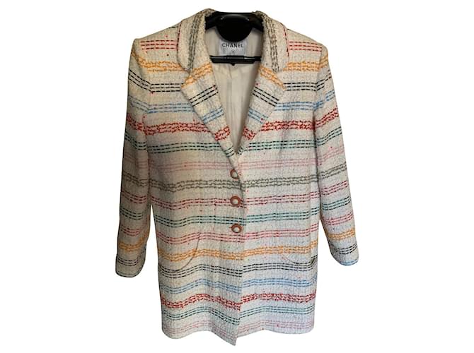 Chanel 19P, 19S 2019 Spring Summer Runway Stripe White and Multicolor Long Oversized Fit Cotton Tweed Jacket Coat! Multiple colors  ref.752007