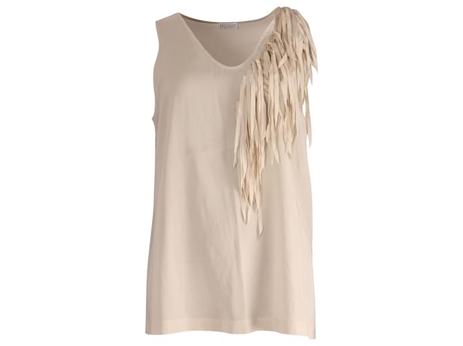 Brunello Cucinelli Sleeveless Fringe Top in Beige Silk ref.752106