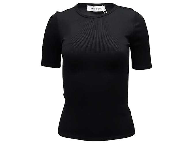 Anine Bing T-shirt côtelé à manches courtes en polyamide noir  ref.752563