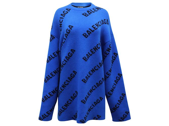 Balenciaga Allover-Logo-Pullover aus blauer Wolle