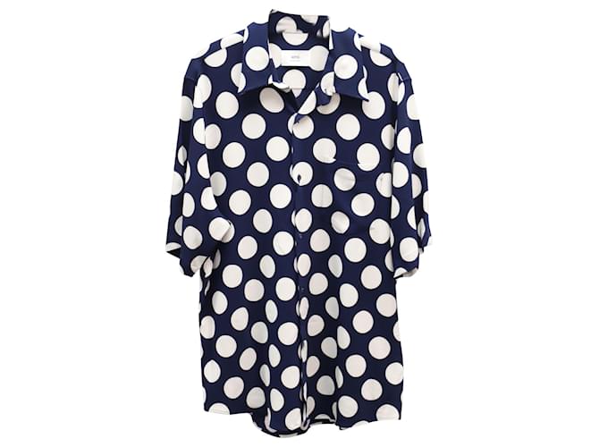 Ami Paris  Polka Dot Short Sleeve Button Front Shirt in Navy Blue and White Viscose  Cellulose fibre  ref.752646