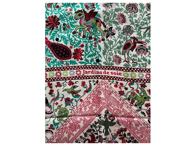 Shawl 140 cm Hermès Silk Gardens Pink Light green Cashmere  ref.752860