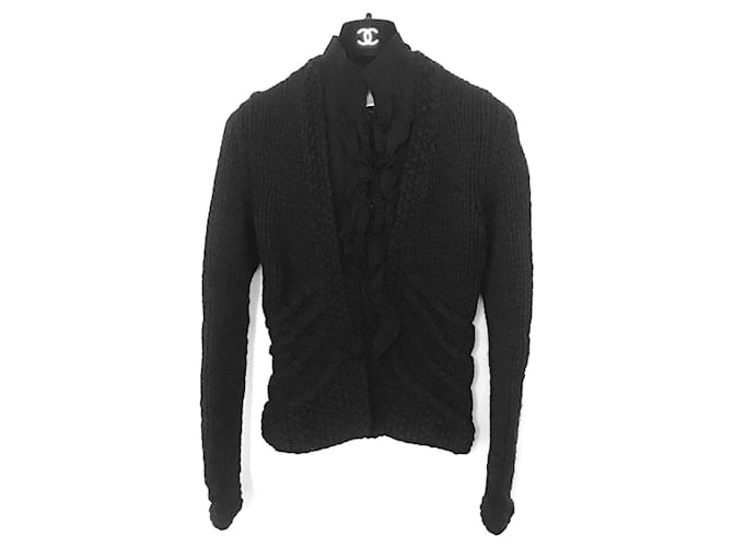 CHANEL Fall 2003 03A Ruffle Front Knitted Cardigan Jacket Black Wool  ref.753406