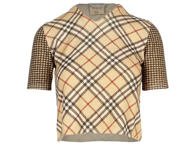 Roberto Cavalli Karierte Bluse mit Hahnentritt-Ärmeln Beige