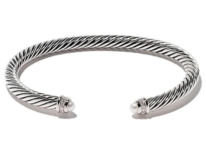 Rigid David Yurman Cable Classique bracelet in silver, pearls and diamonds Silvery  ref.753717