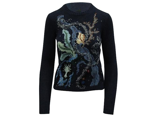 Dior Knitted Sweater with Coral Motif in Navy Blue Cashmere Wool  ref.753896