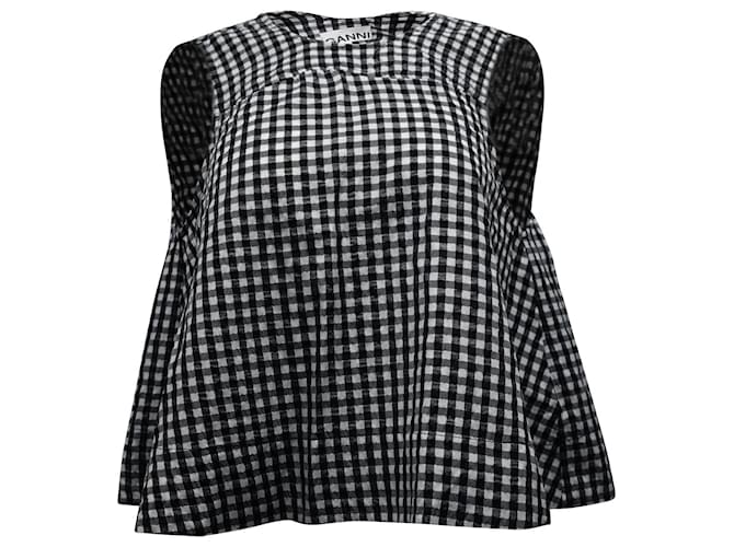 Ganni Check Seersucker Flared Top in Black and White Polyester   ref.753901