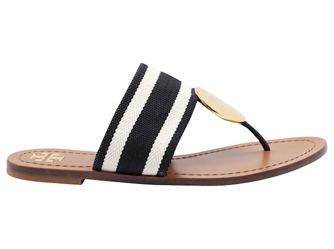 Tory Burch Patos Disc Sandals in Black and White Leather  - Joli  Closet